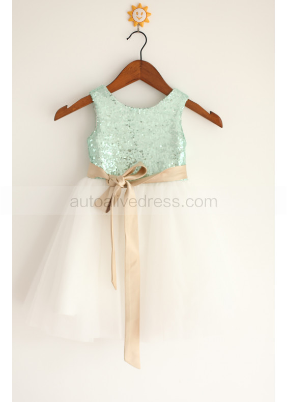 Mint Sequin Ivory Tulle Champagne Sash Flower Girl Dress